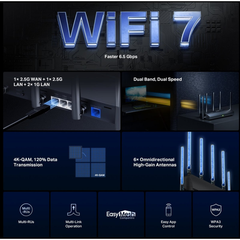 Router Wi-Fi 7 de dupla banda Mercusys MR37BE, até 6500 Mbps