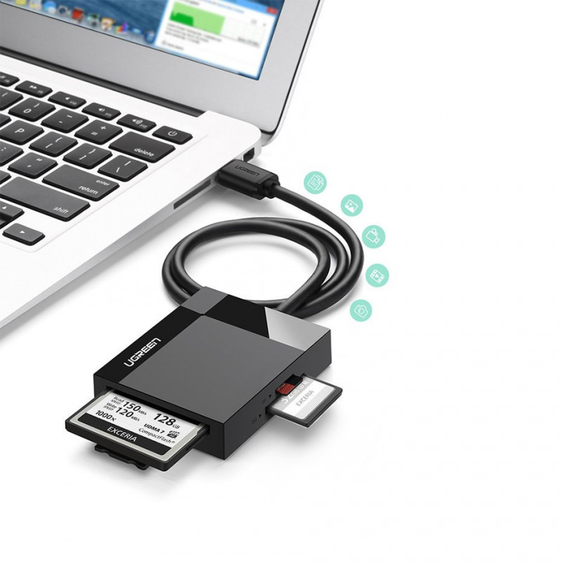 Leitor de cartões Ugreen CR125 USB 3.0, SD / microSD / CF / MS, preto