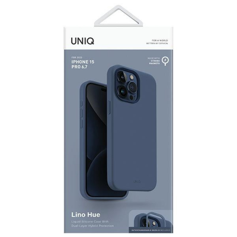 Capa UNIQ Lino Hue para Apple iPhone 15 Pro Max, MagClick Charging, azul-marinho