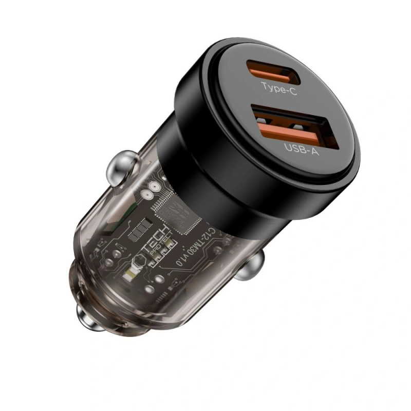 Tech-Protect CC03 Carregador de automóvel de 2 portas USB-A / USB-C, PD 30W / QC 3.0, preto
