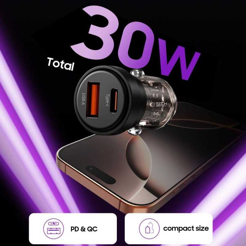 Tech-Protect CC03 Carregador de automóvel de 2 portas USB-A / USB-C, PD 30W / QC 3.0, preto