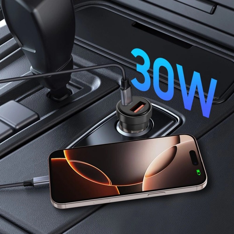 Tech-Protect CC03 Carregador de automóvel de 2 portas USB-A / USB-C, PD 30W / QC 3.0, preto