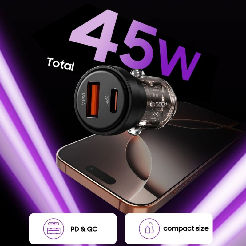 Tech-Protect CC03 Carregador de automóvel de 2 portas USB-A / USB-C, PD 45W / QC 3.0, preto