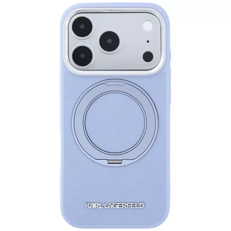 Capa Karl Lagerfeld Ring Stand 360 Saffiano Classic Logo MagSafe para Apple iPhone 18 Pro / 17 Pro, azul-claro (KF003175)