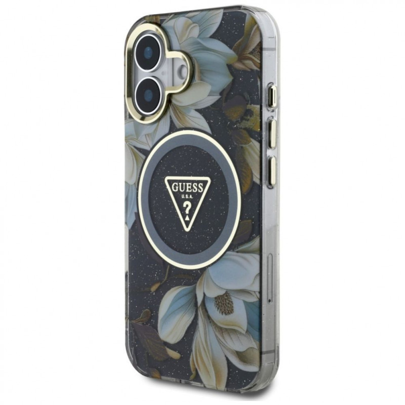 Capa MagSafe Guess Glitter Flowers Triangle Buttons para Apple iPhone 16, preta