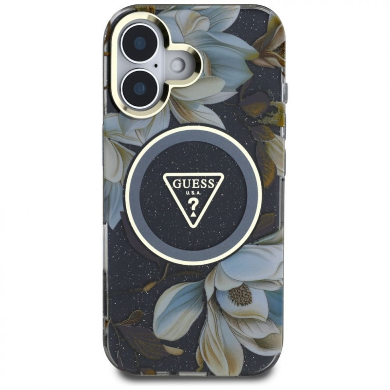 Capa MagSafe Guess Glitter Flowers Triangle Buttons para Apple iPhone 16, preta