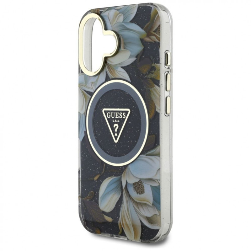 Capa MagSafe Guess Glitter Flowers Triangle Buttons para Apple iPhone 16, preta