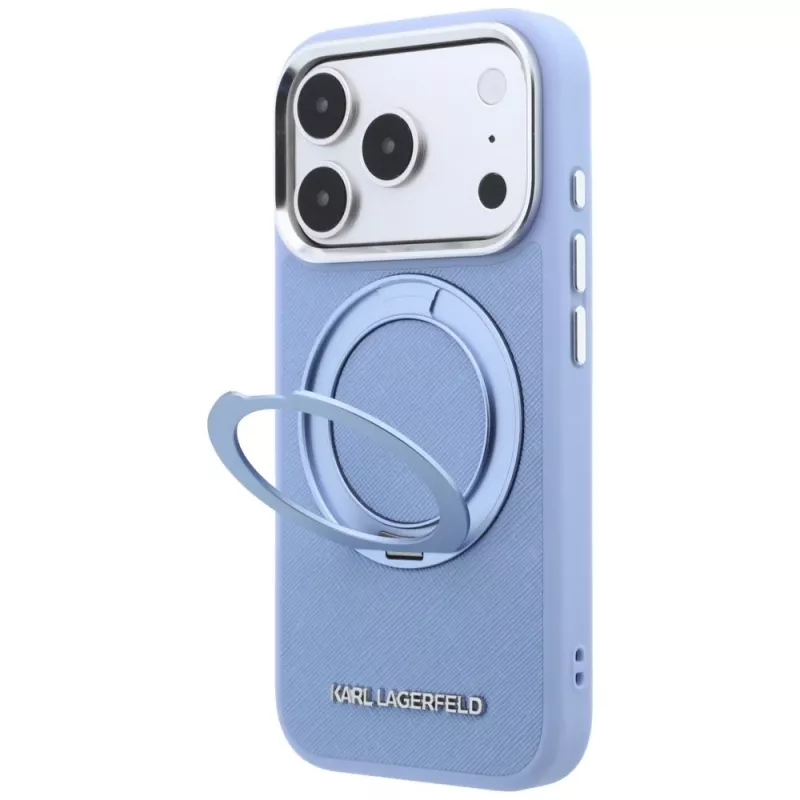 Capa MagSafe Karl Lagerfeld Ring Stand 360 Saffiano Classic Logo para Apple iPhone 18 Pro Max / 17 Pro Max, azul-claro (KF003176)