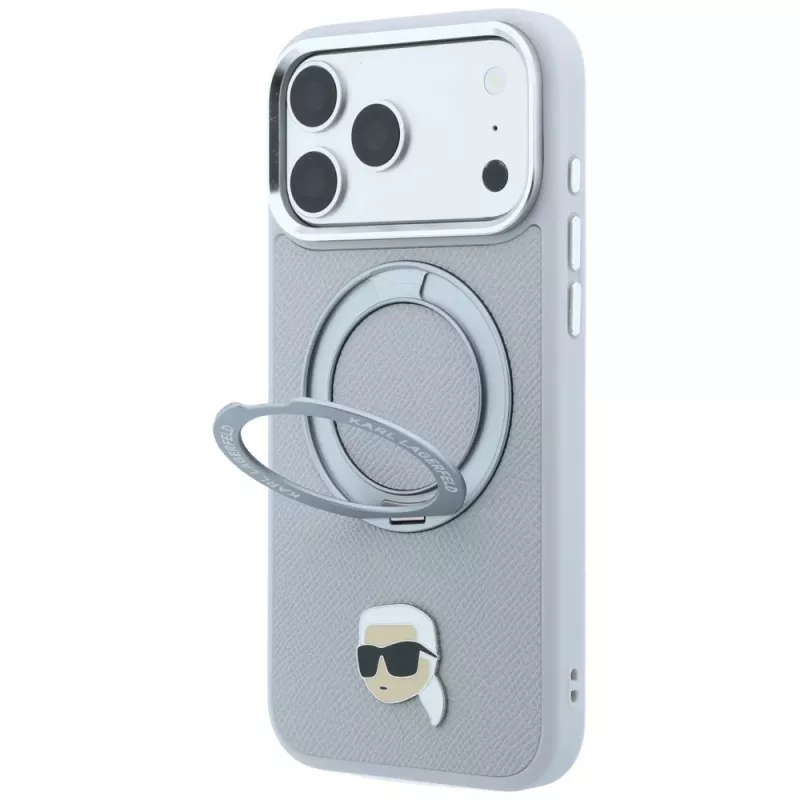 Capa MagSafe Karl Lagerfeld with Ring Stand 360 Karl Head Pin para Apple iPhone 18 Pro / 17 Pro, cinzento (KF003235)