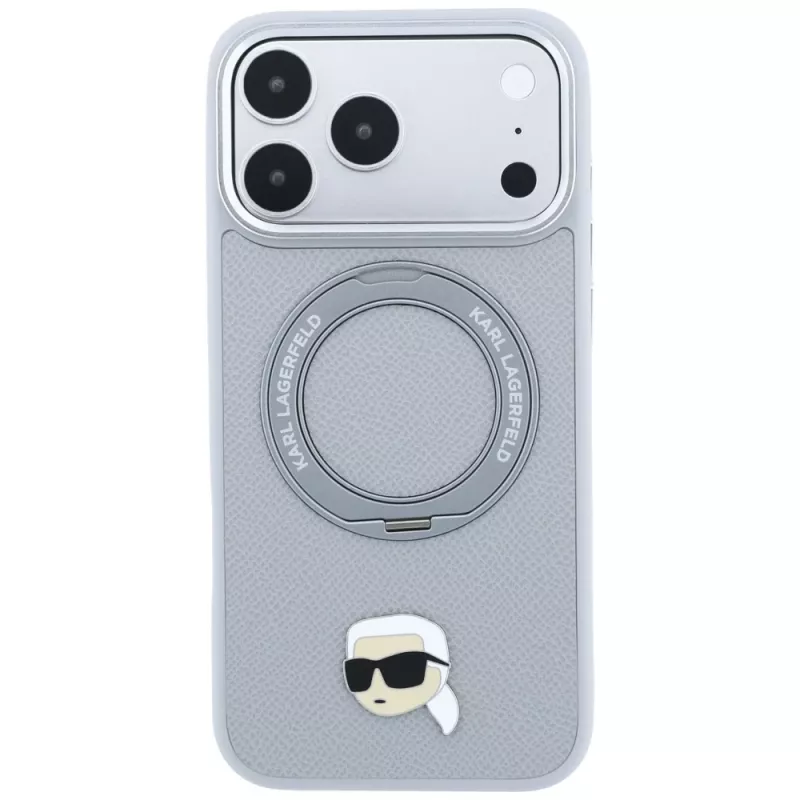 Capa MagSafe Karl Lagerfeld with Ring Stand 360 Karl Head Pin para Apple iPhone 18 Pro / 17 Pro, cinzento (KF003235)