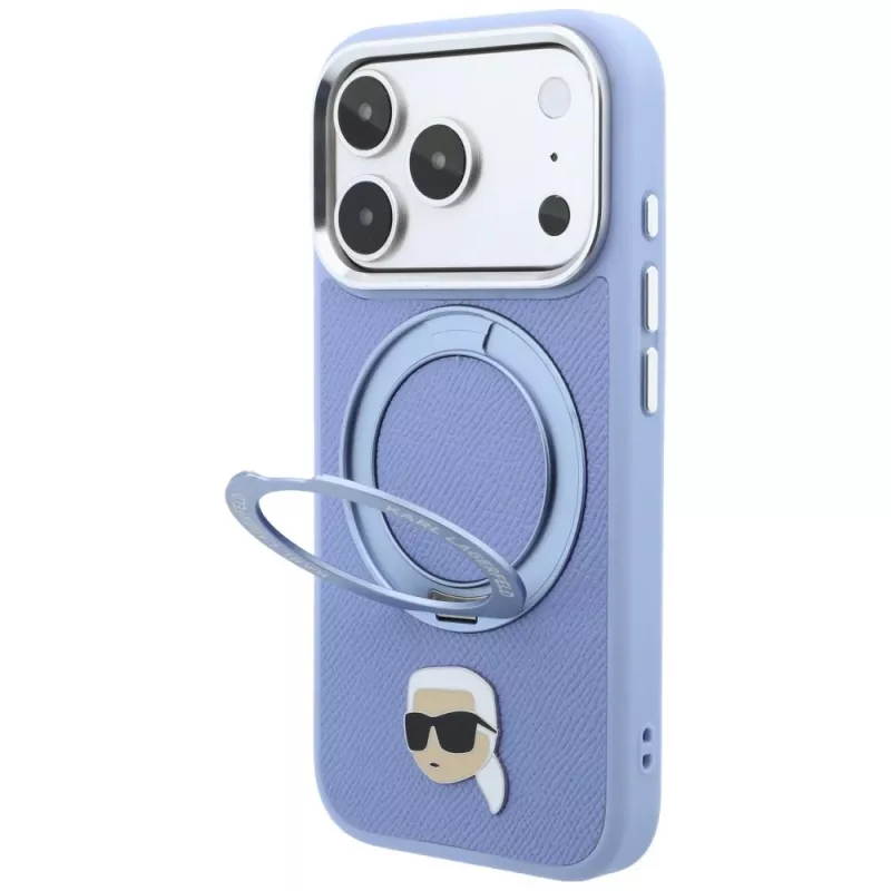 Capa MagSafe Karl Lagerfeld with Ring Stand 360 Karl Head Pin para Apple iPhone 18 Pro Max / 17 Pro Max, azul-claro (KF003238)