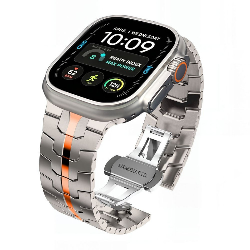 Pulseira de aço inoxidável Tech-Protect Stainless THP6100 para Apple Watch 8 / 9 / 10 / 11 / 12 / SE / Ultra 44/45/46/49 mm, titânio/laranja