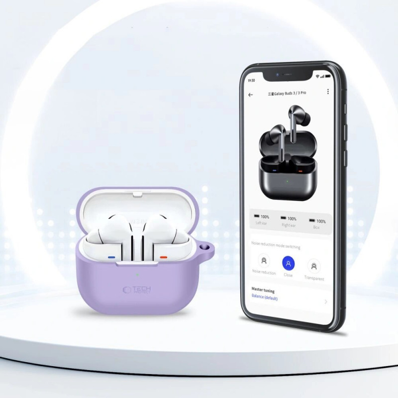 Capa com gancho em silicone Tech-Protect para Samsung Galaxy Buds 3 / 3 FE / 3 Pro, lavanda