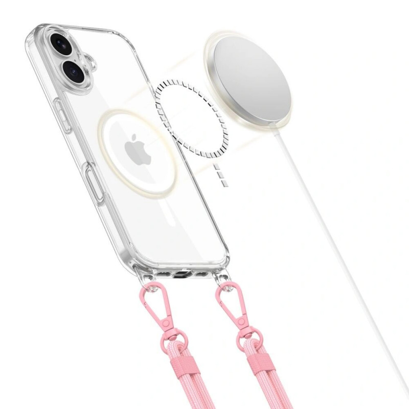 Capa Tech-Protect FlexAir Chain MagSafe para Apple iPhone 16, transparente, com cordões cinzento e rosa