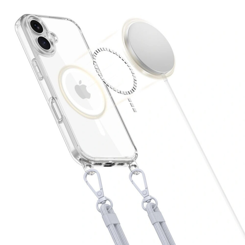 Capa Tech-Protect FlexAir Chain MagSafe para Apple iPhone 16, transparente, com cordões cinzento e rosa