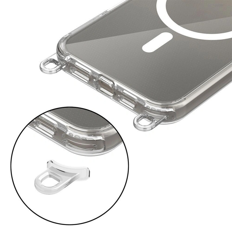 Capa Tech-Protect FlexAir Chain MagSafe para Apple iPhone 16, transparente, com cordões cinzento e rosa