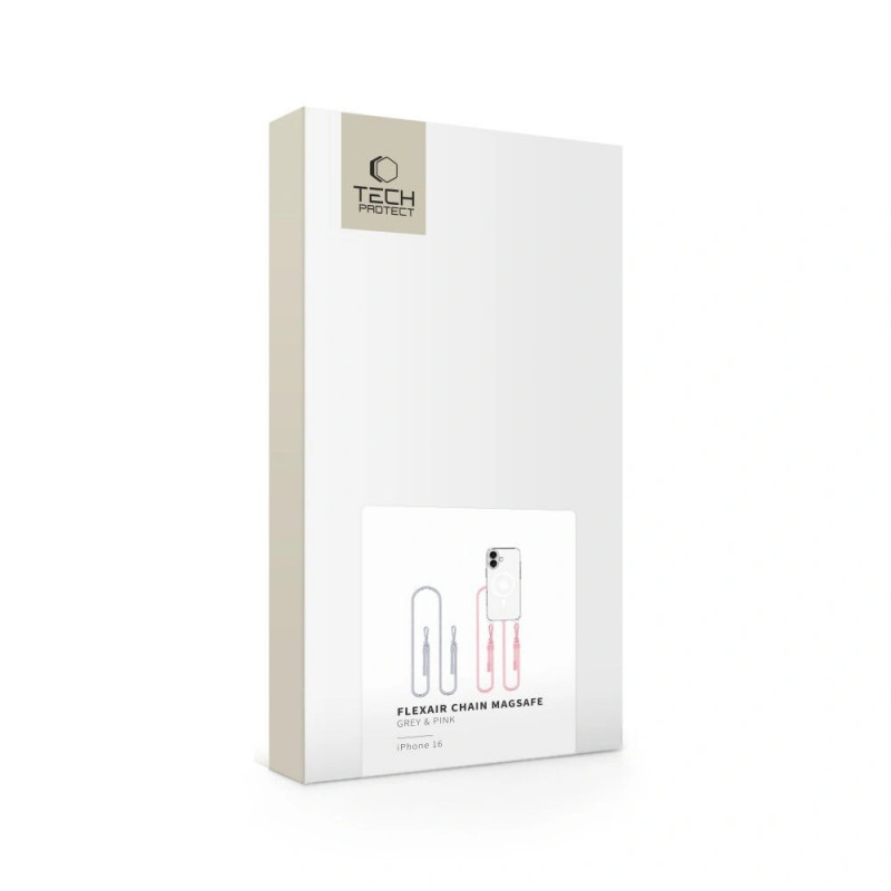 Capa Tech-Protect FlexAir Chain MagSafe para Apple iPhone 16, transparente, com cordões cinzento e rosa
