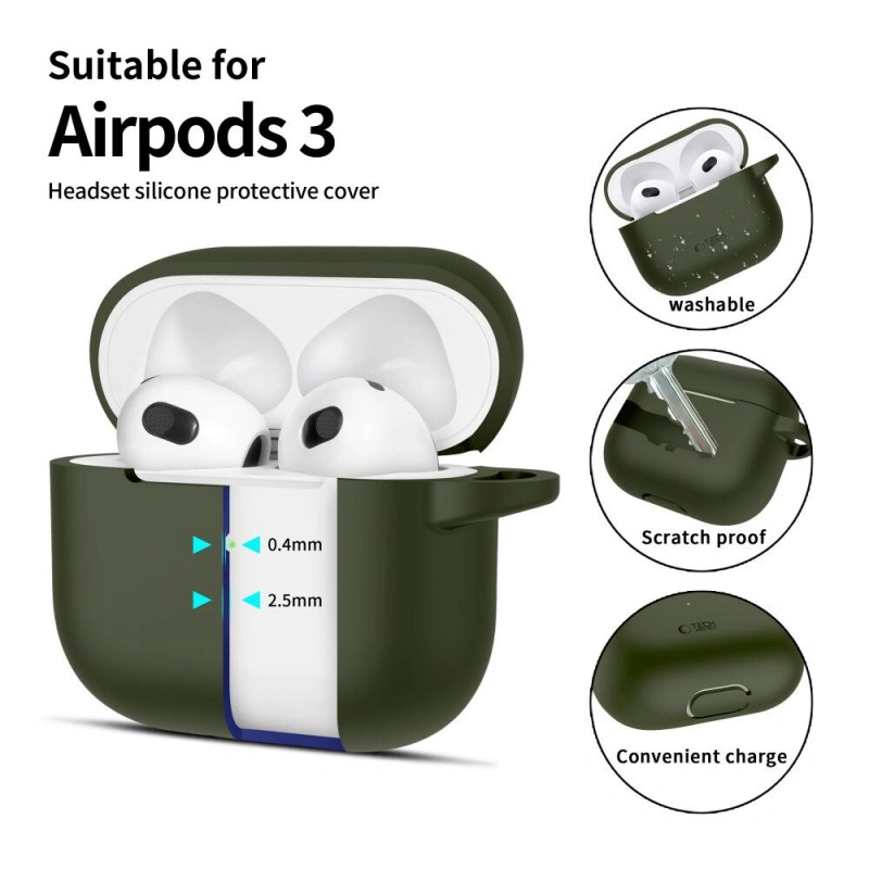 Capa Tech-Protect Silicone Hook para Apple AirPods 3 com mosquetão, verde-oliva