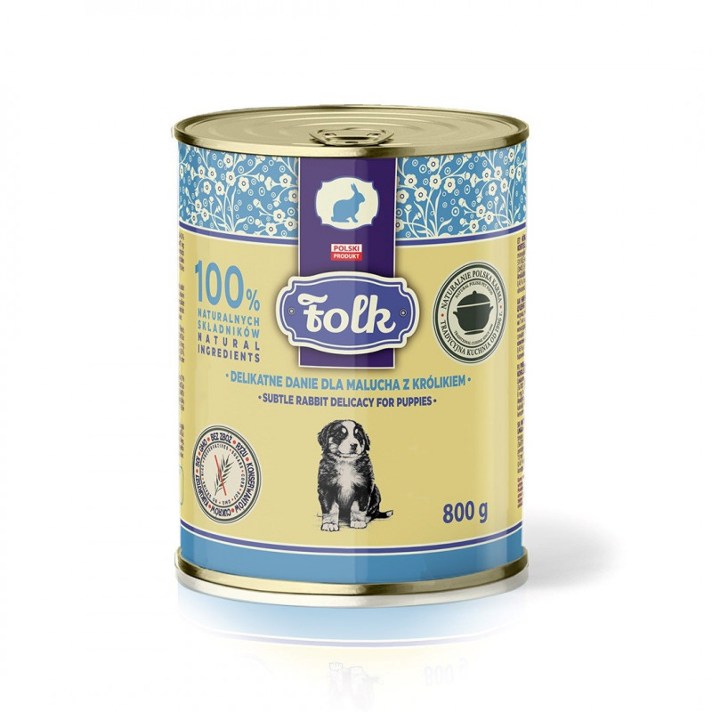 FOLK Refeição delicada para cachorros com coelho Mono comida húmida para cães, 800 g