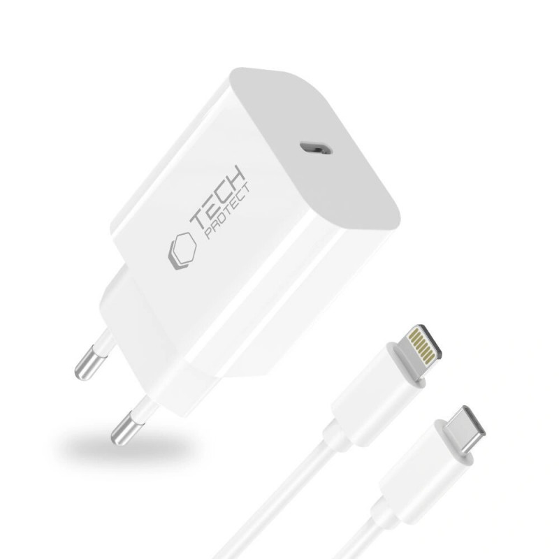 Carregador de parede USB-C de 1 porta Tech-Protect NC20W PD 20W com cabo Lightning, branco, 100 cm