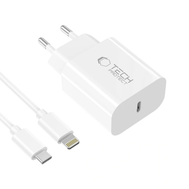 Carregador de parede USB-C de 1 porta Tech-Protect NC20W PD 20W com cabo Lightning, branco, 100 cm