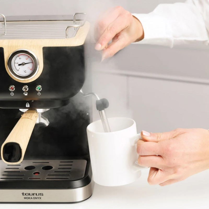 Máquina de café expresso de pistão Taurus Onyx Moka 1050 W 20 bar em madeira, madeira/preto/prateado