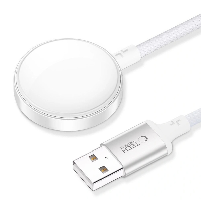 Carregador magnético Tech-Protect MC02 UltraBoost com cabo USB-A 100 cm para Apple Watch, branco