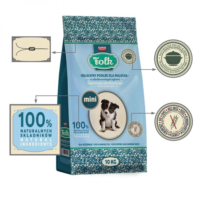FOLK Refeição Delicada para Cachorros com Peixe de Água Doce Mini Ração Seca para Cães, 10 kg
