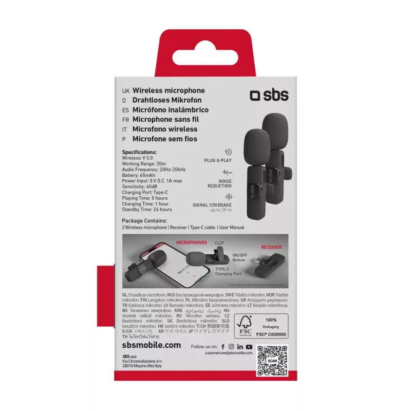 Microfones de lapela SBS com recetor USB-C (2 un.), pretos