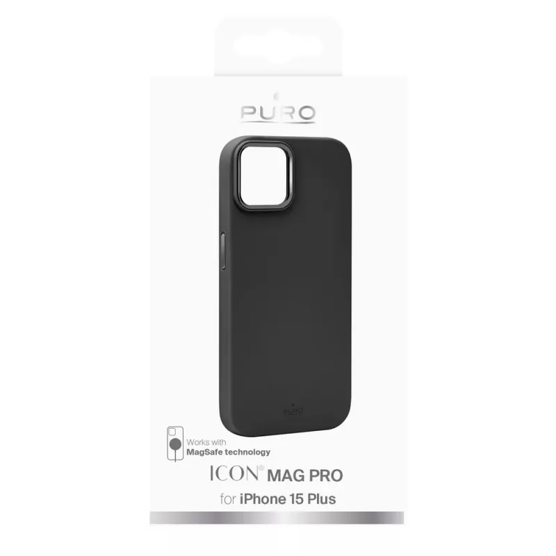 Capa de silicone MagSafe Puro Icon Mag Pro com botões metálicos para Apple iPhone 15 Plus, preta