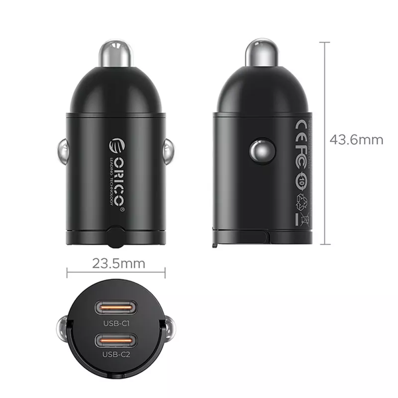 Carregador de automóvel Orico MiniRing MR-30-2C 30W 2x USB-C, preto