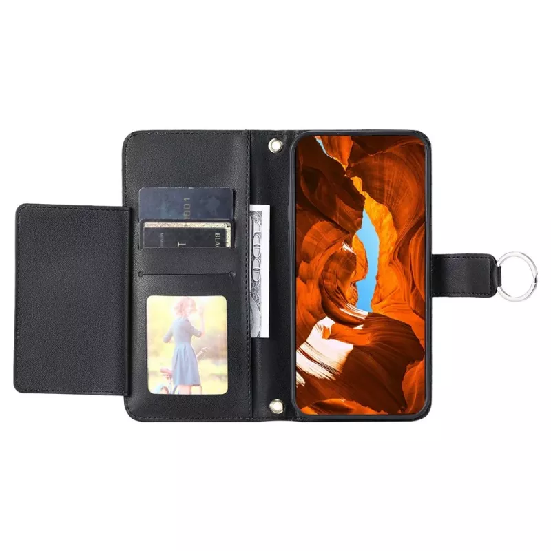 Capa carteira Hurtel para Samsung Galaxy A37 5G em pele PU com suporte e alça de ombro, preta