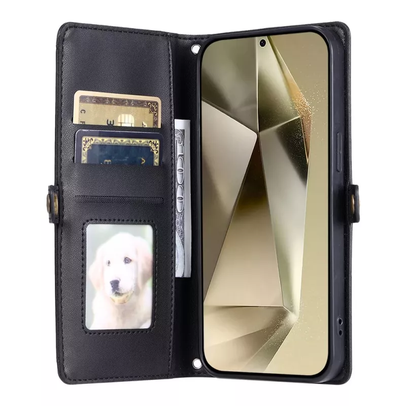 Capa carteira Hurtel para Samsung Galaxy A56 5G em pele sintética PU com função de suporte e alças, preta