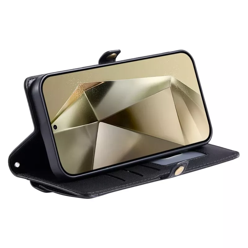 Capa carteira Hurtel para Samsung Galaxy A56 5G em pele sintética PU com função de suporte e alças, preta