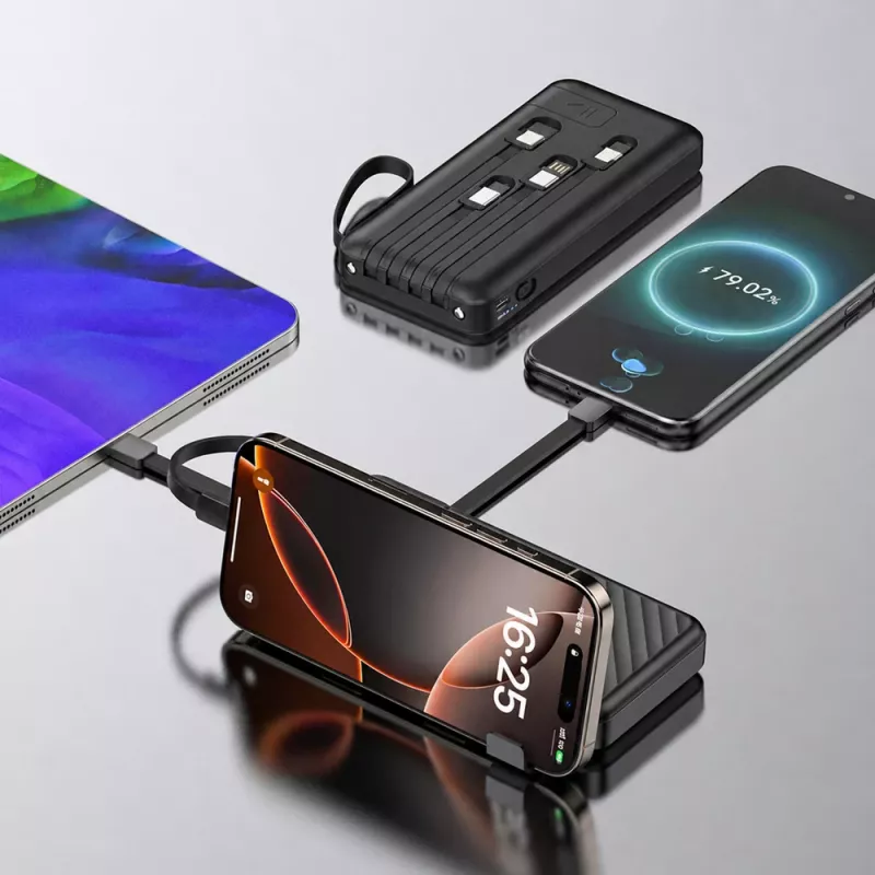 Wozinsky W11-B 10000mAh 10W Power Bank com cabos integrados e lanterna, preto