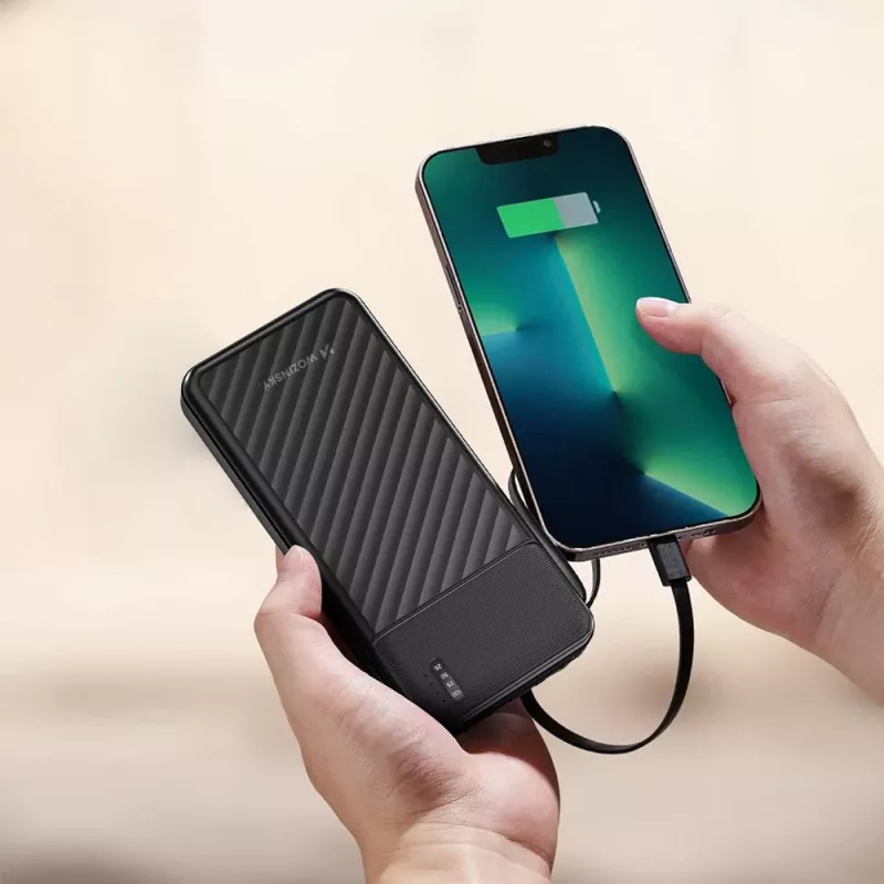 Wozinsky W11-B 10000mAh 10W Power Bank com cabos integrados e lanterna, preto