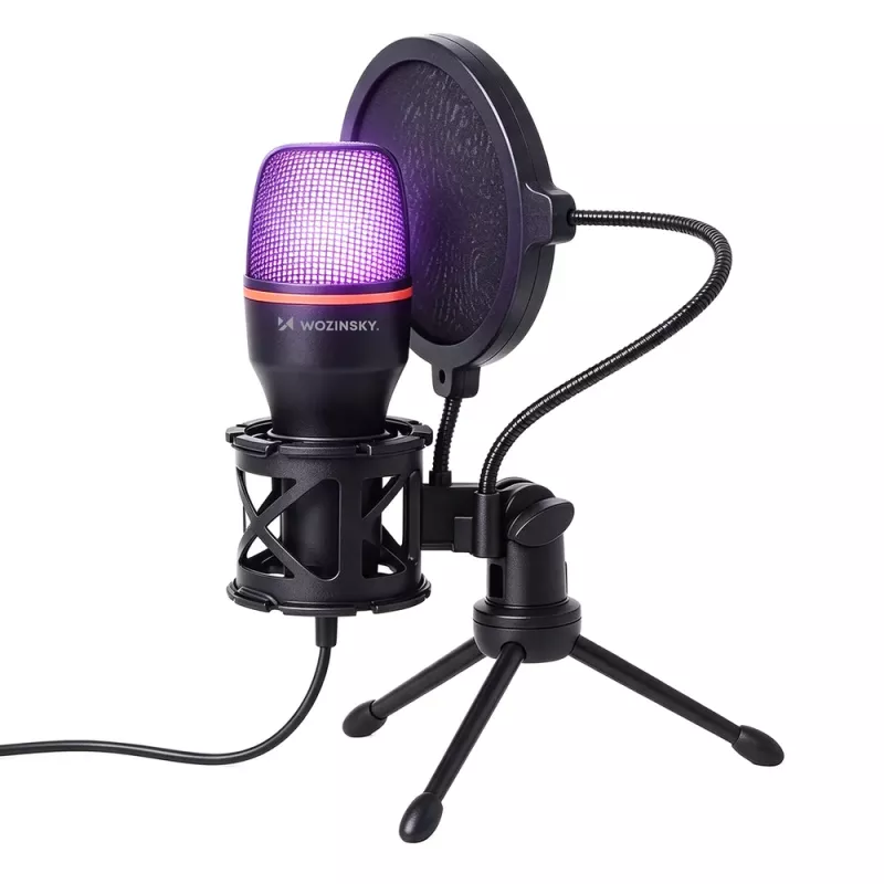 Microfone de estúdio para gaming com fio Wozinsky WM-W111 sobre suporte com retroiluminação RGB, preto