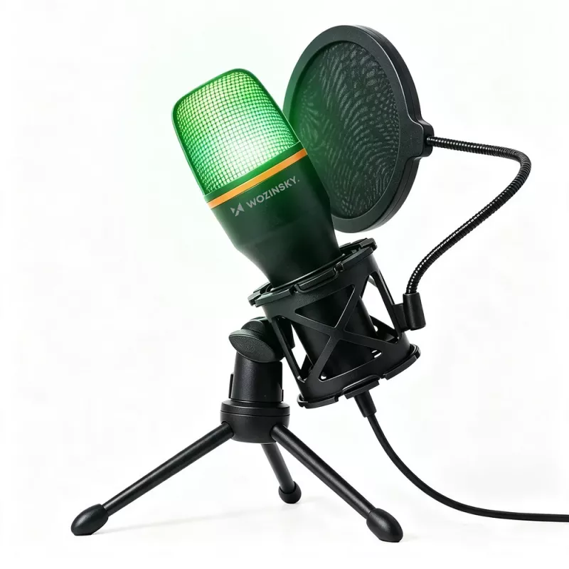 Microfone de estúdio para gaming com fio Wozinsky WM-W111 sobre suporte com retroiluminação RGB, preto