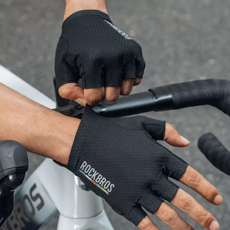 Luvas de ciclismo de dedos curtos Rockbros TLS004 ROAD TO SKY com amortecimento de choques S, pretas