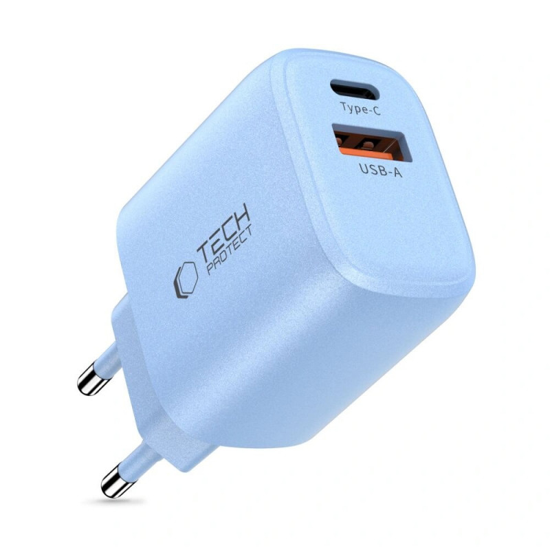 Tech-Protect NCA30 Carregador de Rede USB-A, USB-C PD 30W / QC3.0 Azul Bebé