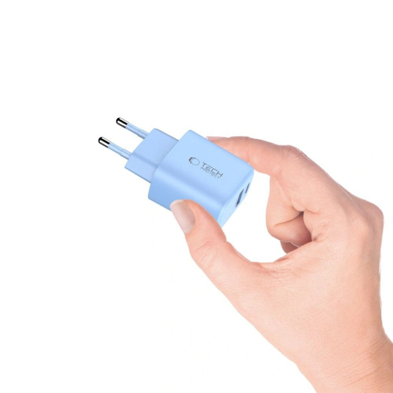 Tech-Protect NCA30 Carregador de Rede USB-A, USB-C PD 30W / QC3.0 Azul Bebé
