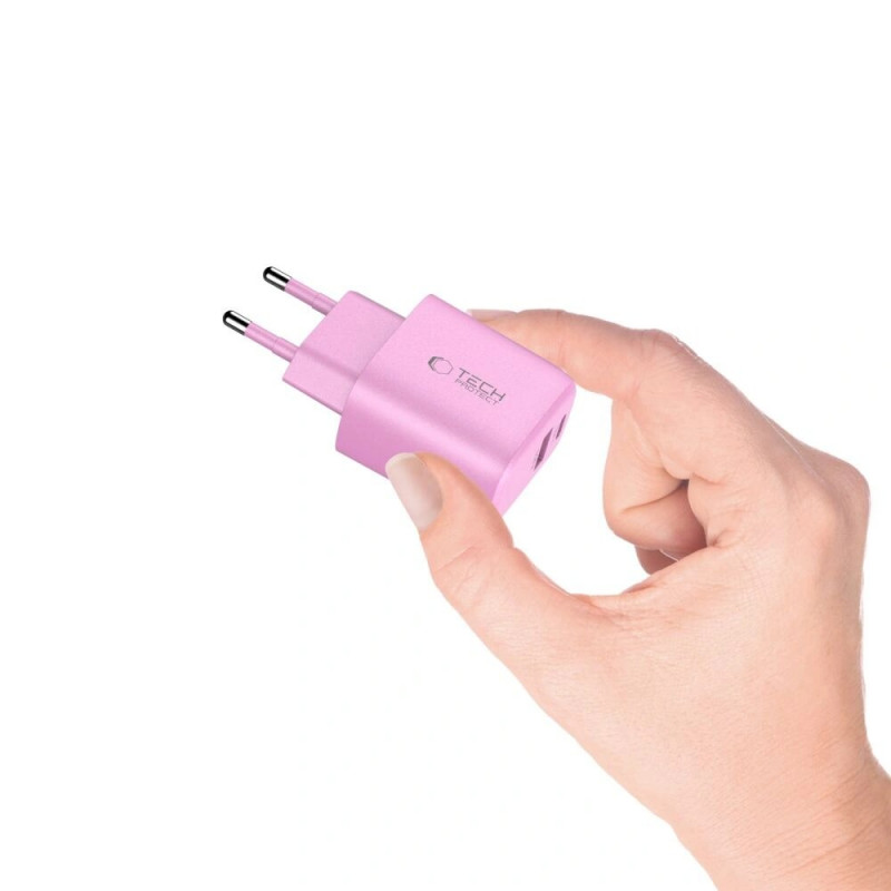 Tech-Protect NCA30 Carregador de rede USB-A, USB-C PD 30W / QC3.0 rosa bebé