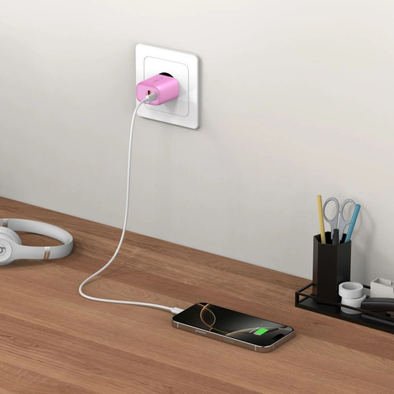 Tech-Protect NCA30 Carregador de rede USB-A, USB-C PD 30W / QC3.0 rosa bebé
