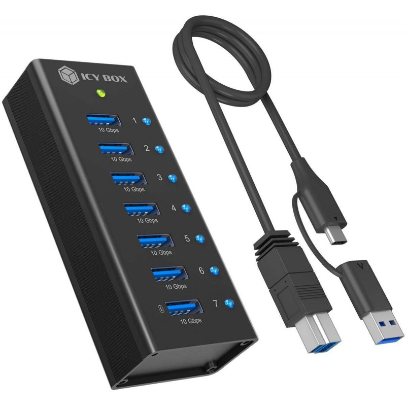ICY BOX IB-AC618a Hub USB 3.2 Gen 2 de 7 portas, alumínio, 12 V