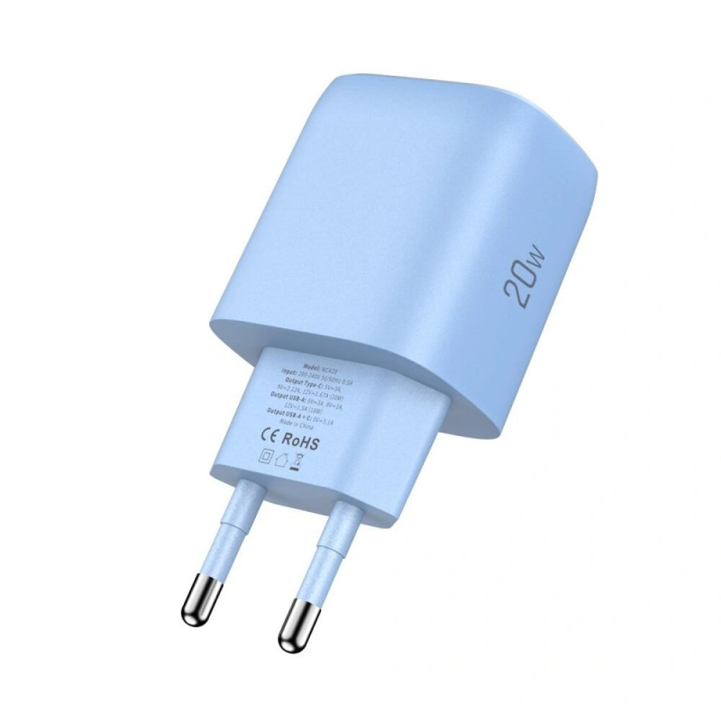 Tech-Protect NCA20 Carregador de Rede USB-A, USB-C PD 20W / QC3.0 Azul Bebé