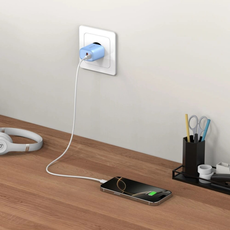 Tech-Protect NCA20 Carregador de Rede USB-A, USB-C PD 20W / QC3.0 Azul Bebé