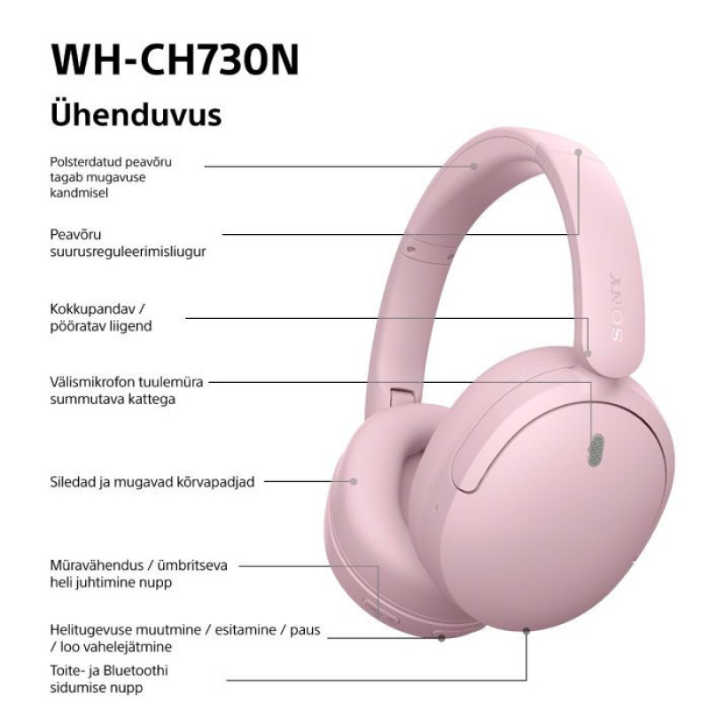 Sony Auscultadores Bluetooth Over-Ear WH-CH730N com Microfone, Rosa