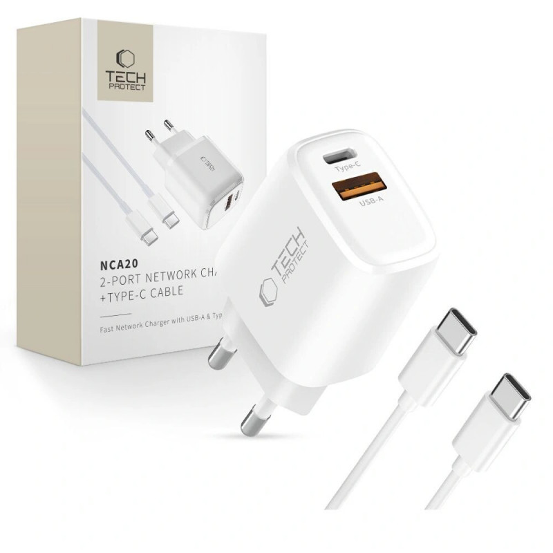 Carregador de parede Tech-Protect NCA20 USB-A / USB-C PD 20W / QC3.0 com cabo USB-C / USB-C 100 cm, branco