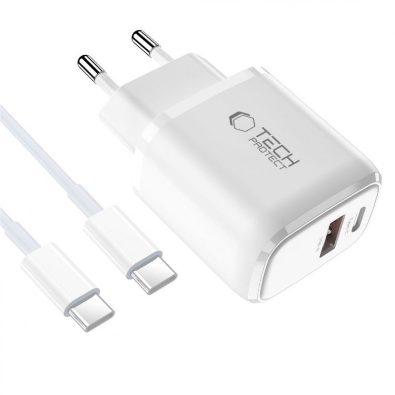 Carregador de parede Tech-Protect NCA20 USB-A / USB-C PD 20W / QC3.0 com cabo USB-C / USB-C 100 cm, branco