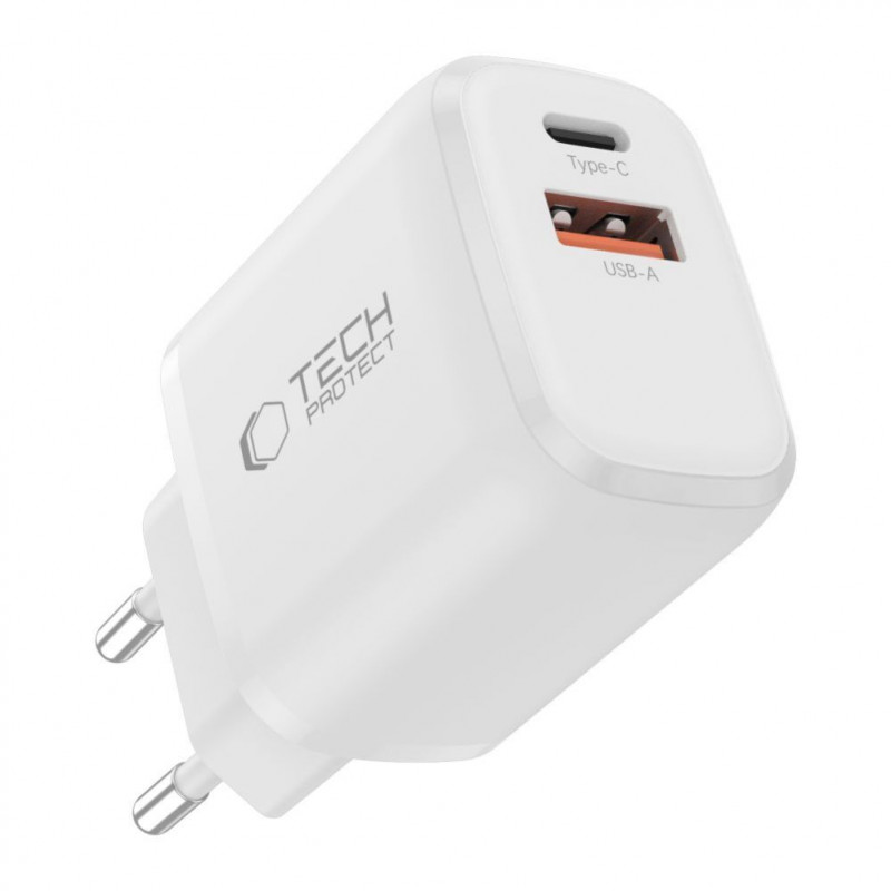 Carregador de parede Tech-Protect NCA20 USB-A / USB-C PD 20W / QC3.0 com cabo USB-C / USB-C 100 cm, branco